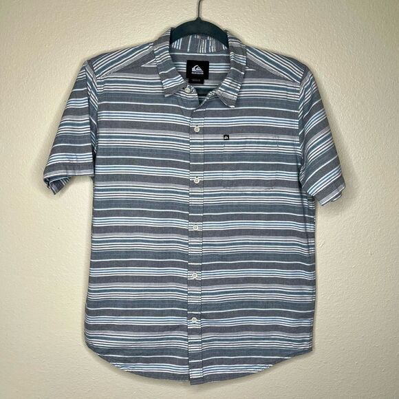 Quicksilver Stripe Short Sleeve Button Front Cotton Gray White Blue Men Large - Picture 14 of 14